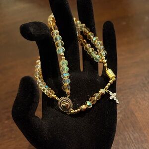 Gold Crystal Rosary-Style Bracelet with Cross Charm with magnetic clasp